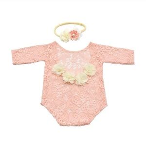 Newborn Stereo Flower Lace Bodysuit With Headband Photography Prop